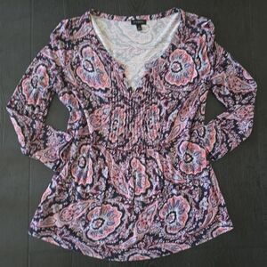 Talbots Paisley V-Neck Blouse - Pink and Blue